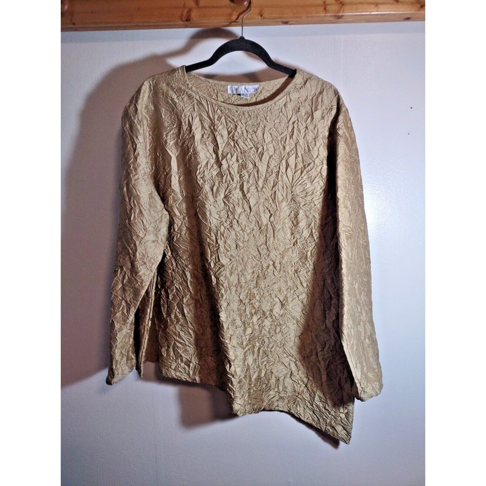 Planet One Size Green Olive Crushed Silk Shirt Lagenlook USA Made Designer